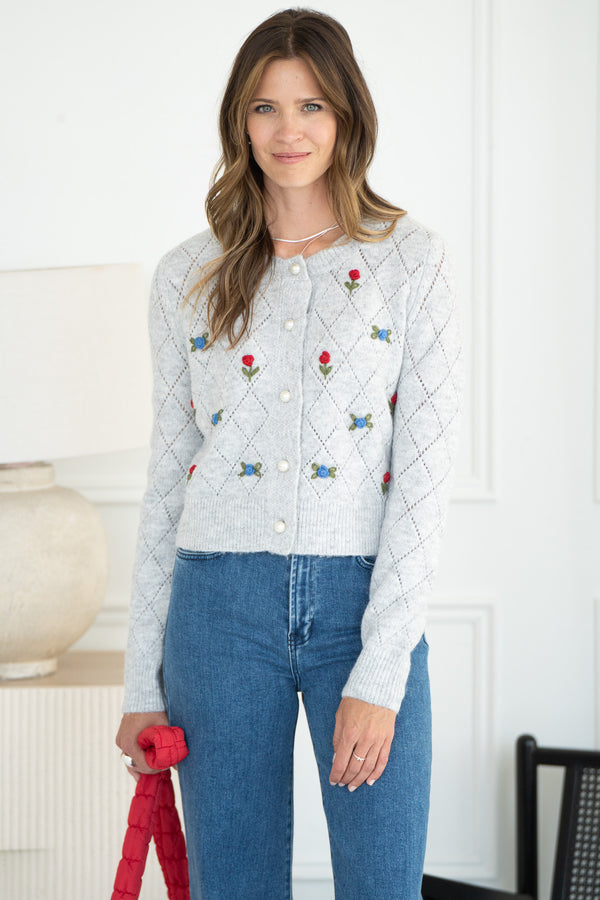 LACEY FLORAL AND PEARL CARDIGAN