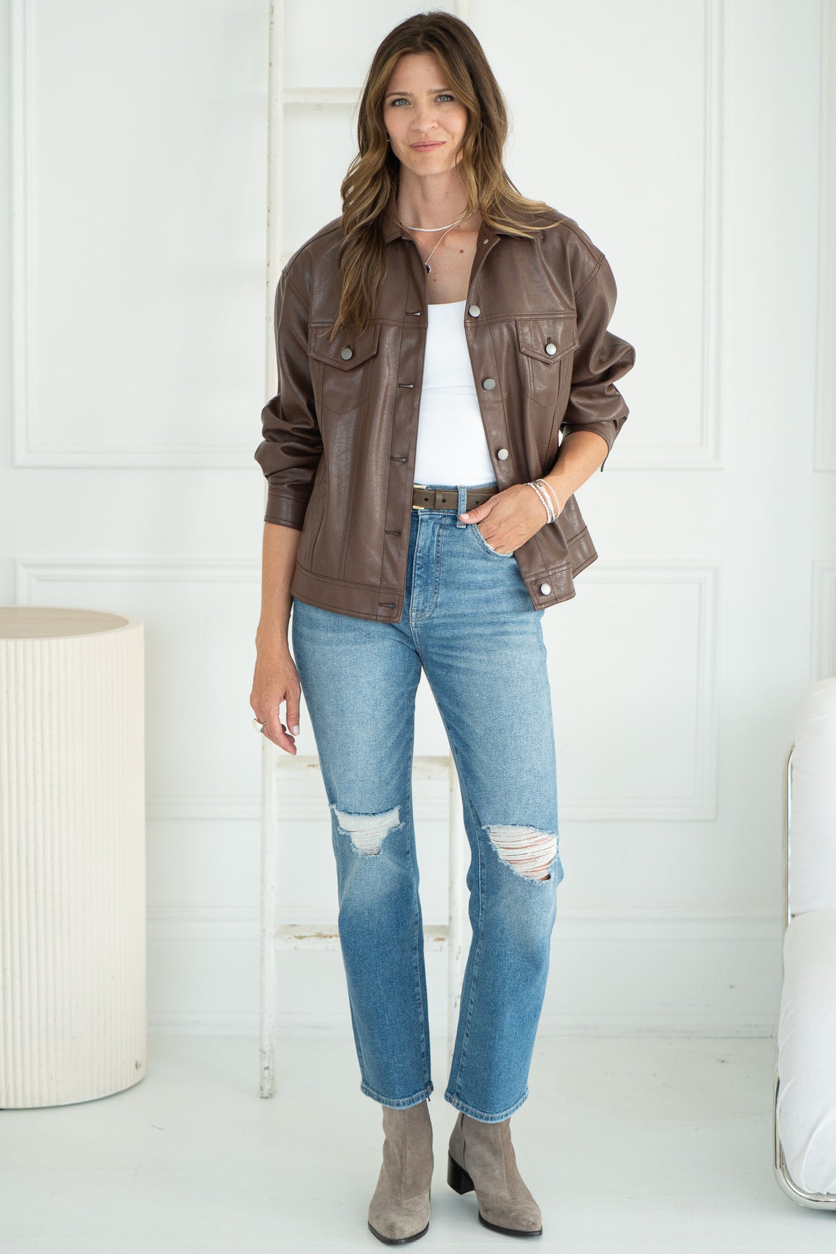 AURORA FAUX LEATHER DENIM JACKET