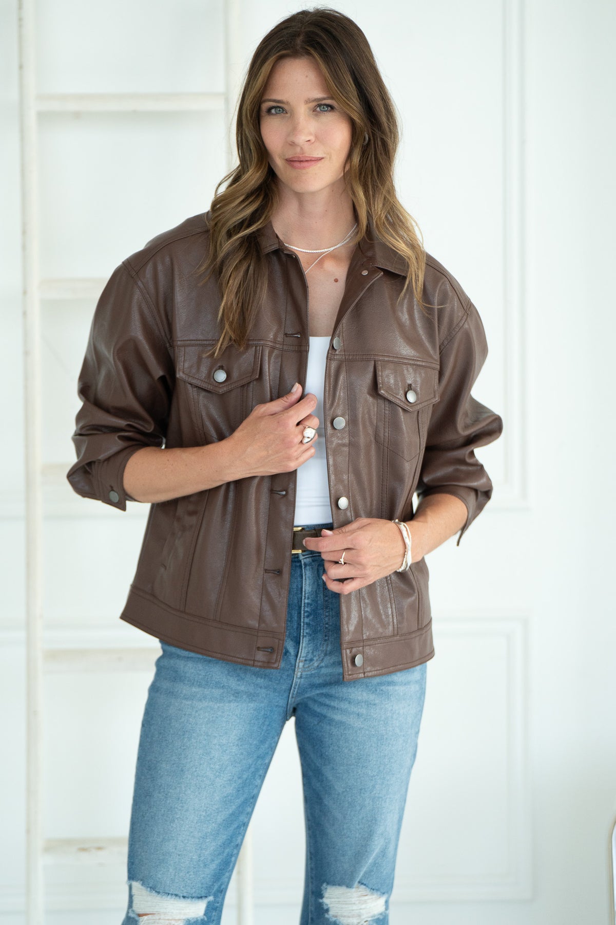 AURORA FAUX LEATHER DENIM JACKET