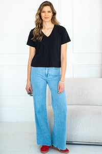 V NECK BOXY FIT COTTON TEE-BK