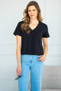 V NECK BOXY FIT COTTON TEE-BK
