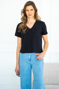 V NECK BOXY FIT COTTON TEE-BK