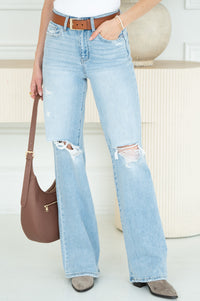 AWAY TOGETHER DISTRESSED WIDE LEG JEANS