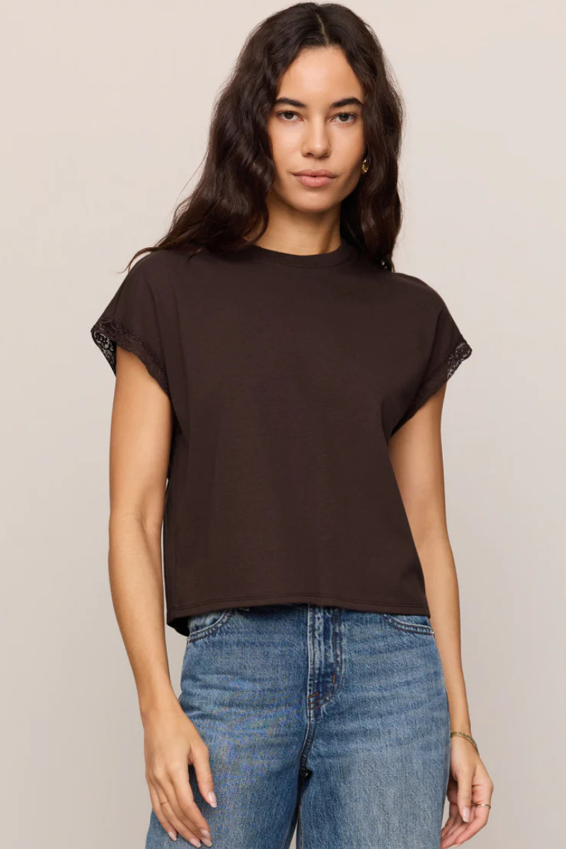 MARIKA LACE TRIM MUSCLE TEE IN DARK CHOCOLATE