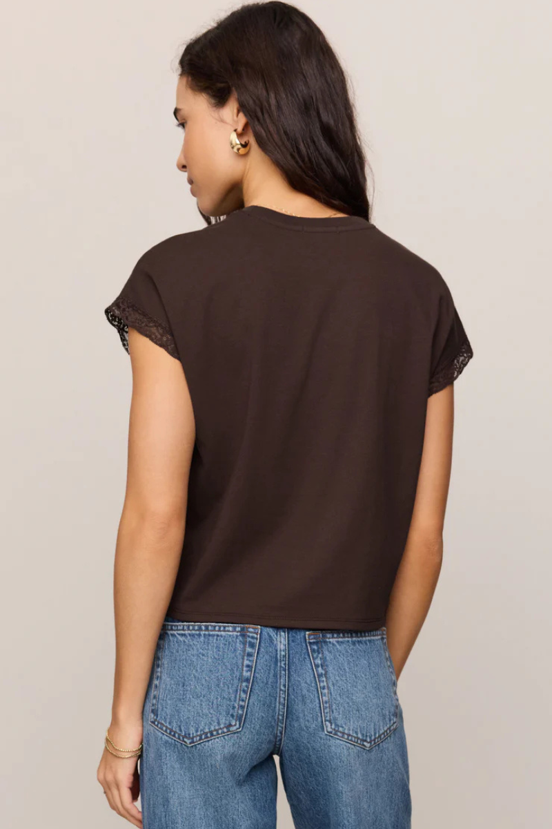 MARIKA LACE TRIM MUSCLE TEE IN DARK CHOCOLATE