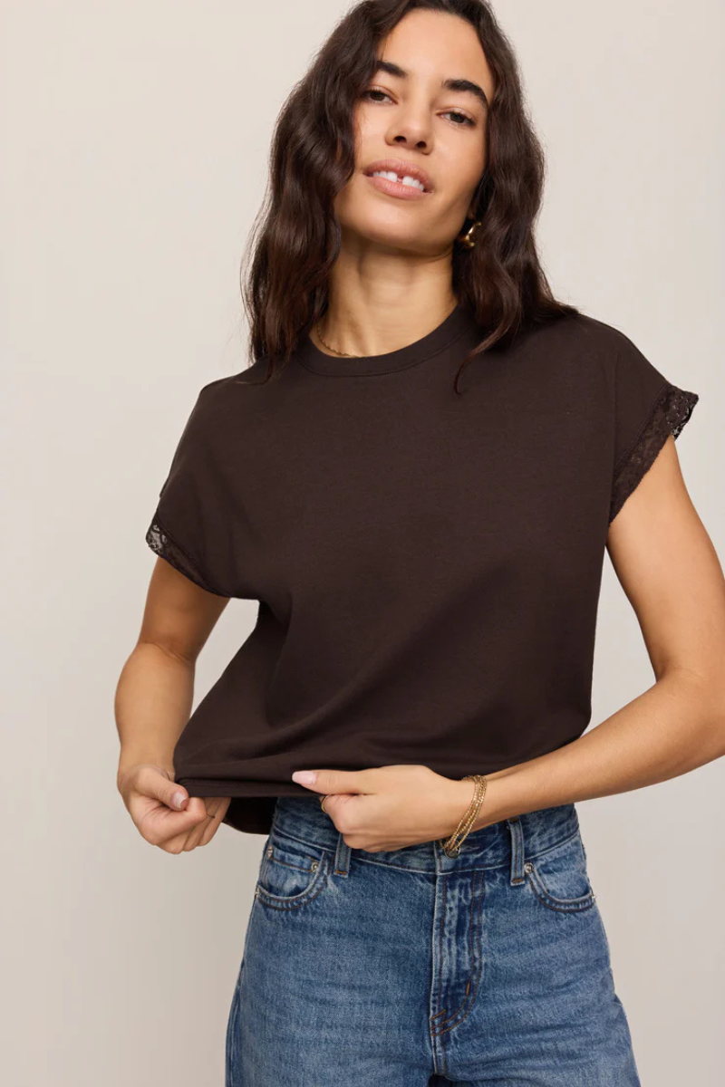 MARIKA LACE TRIM MUSCLE TEE IN DARK CHOCOLATE