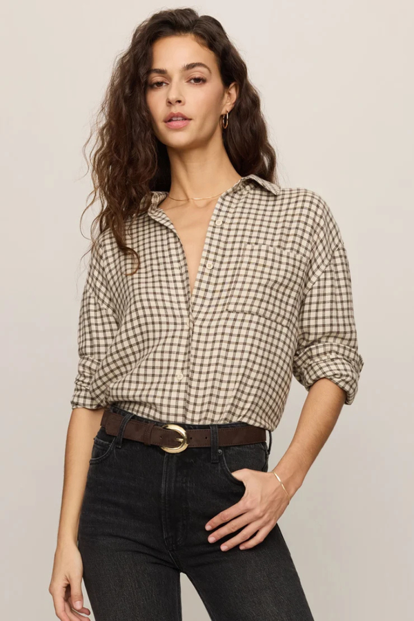 RIVER PLAID BUTTON UP IN DARK CHOCOLATE