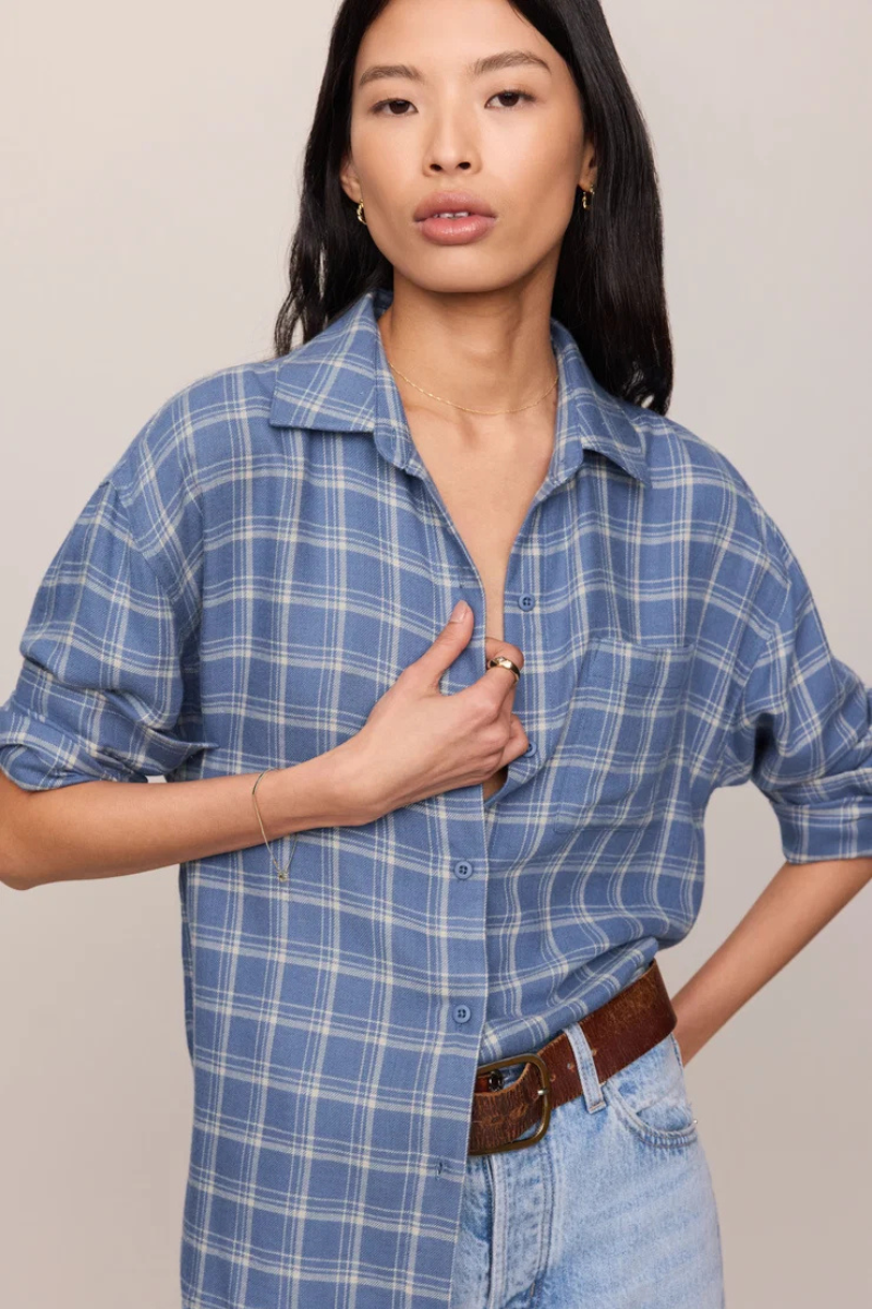 RIVER PLAID BUTTON UP IN MYSTIC BLUE