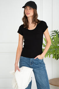 LEIA SCOOP NECK RIBBED FITTED TEE-BK