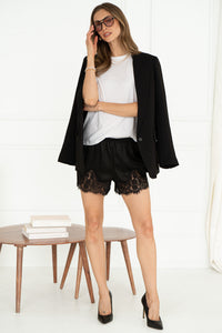 CABANA LACE TRIM SATIN SHORTS-BK