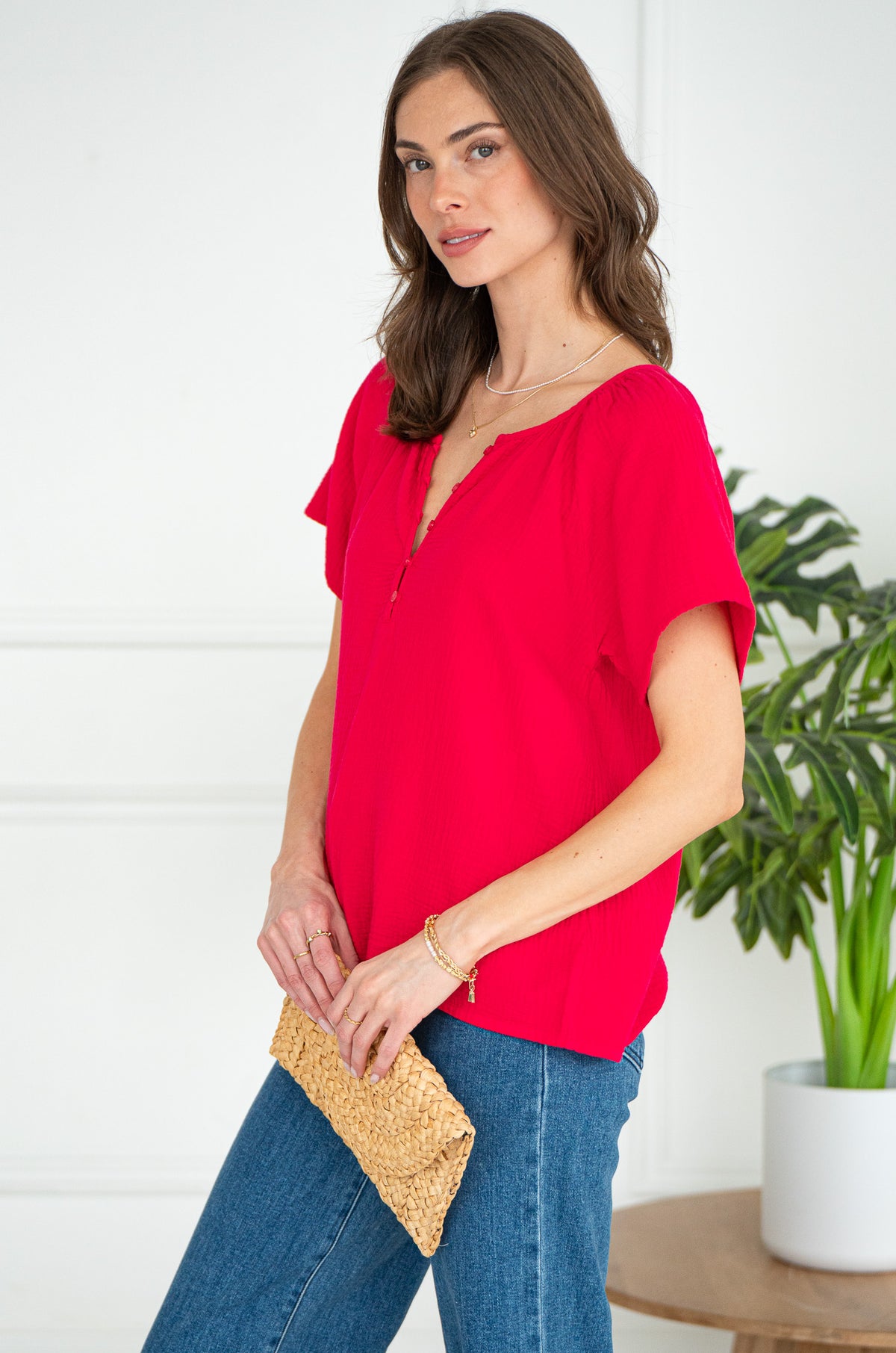 SWEN COTTON GAUZE HENLEY TOP-RU