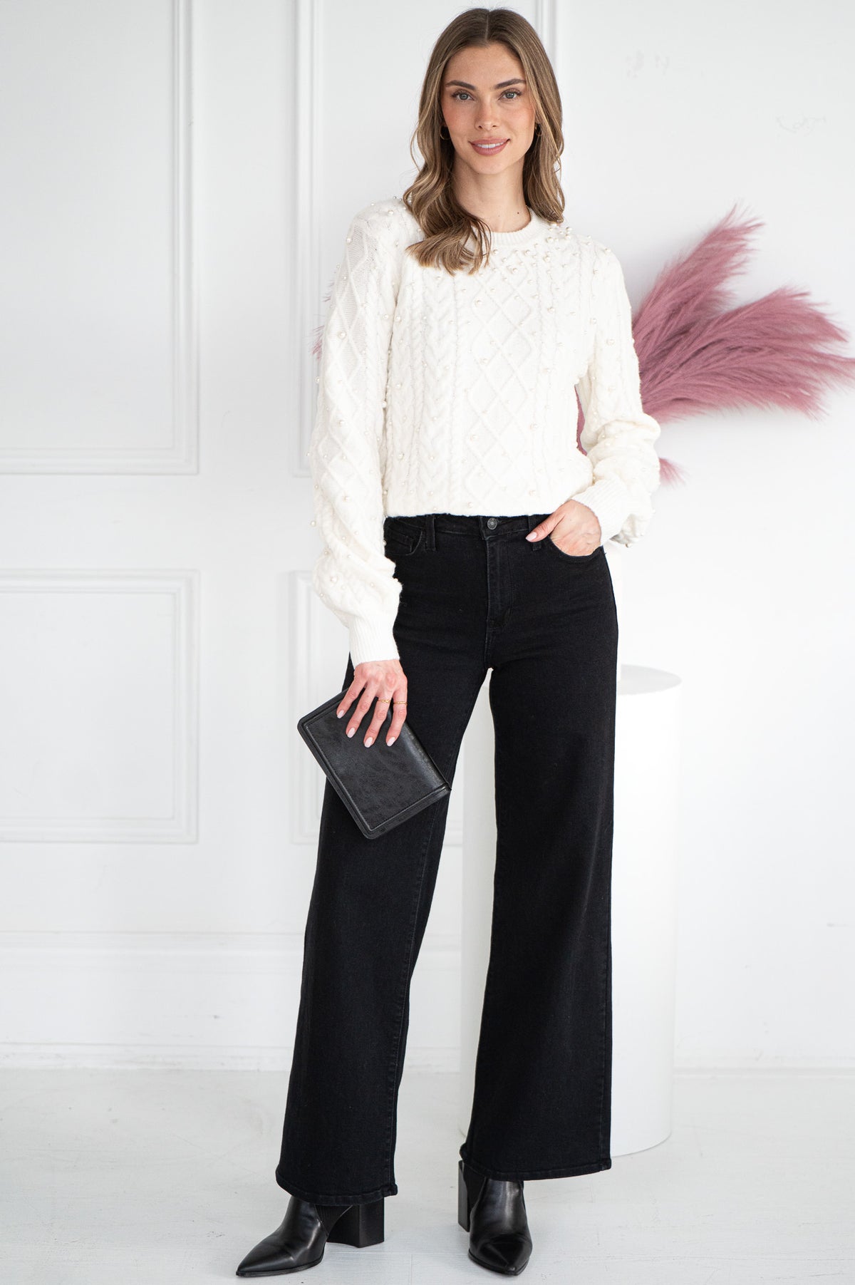 LUX PEARL CABLE KNIT SWEATER