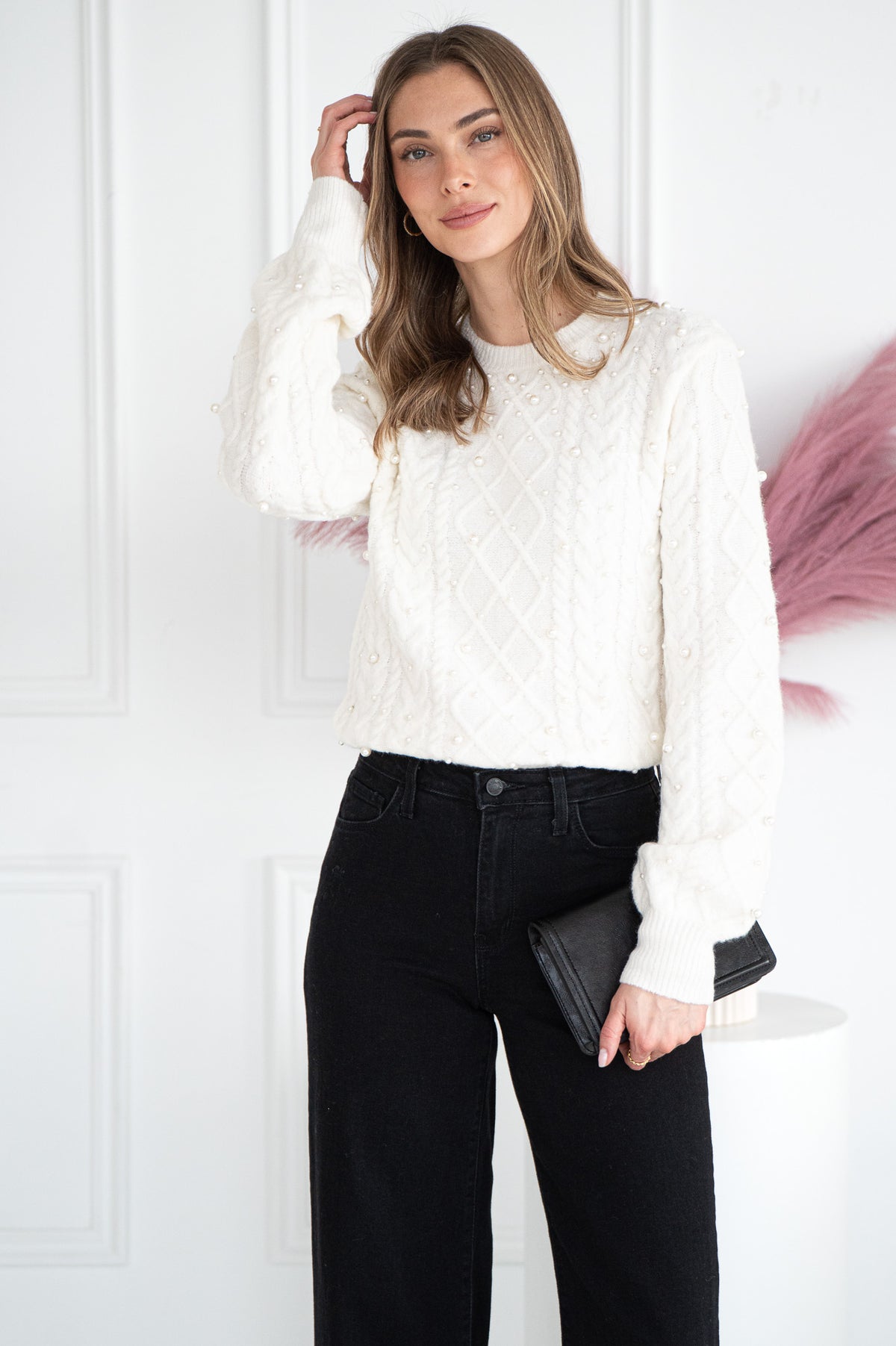 LUX PEARL CABLE KNIT SWEATER