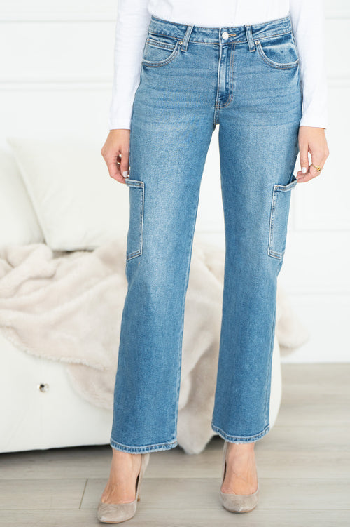 Blue High Rise Utility Cargo Jeans