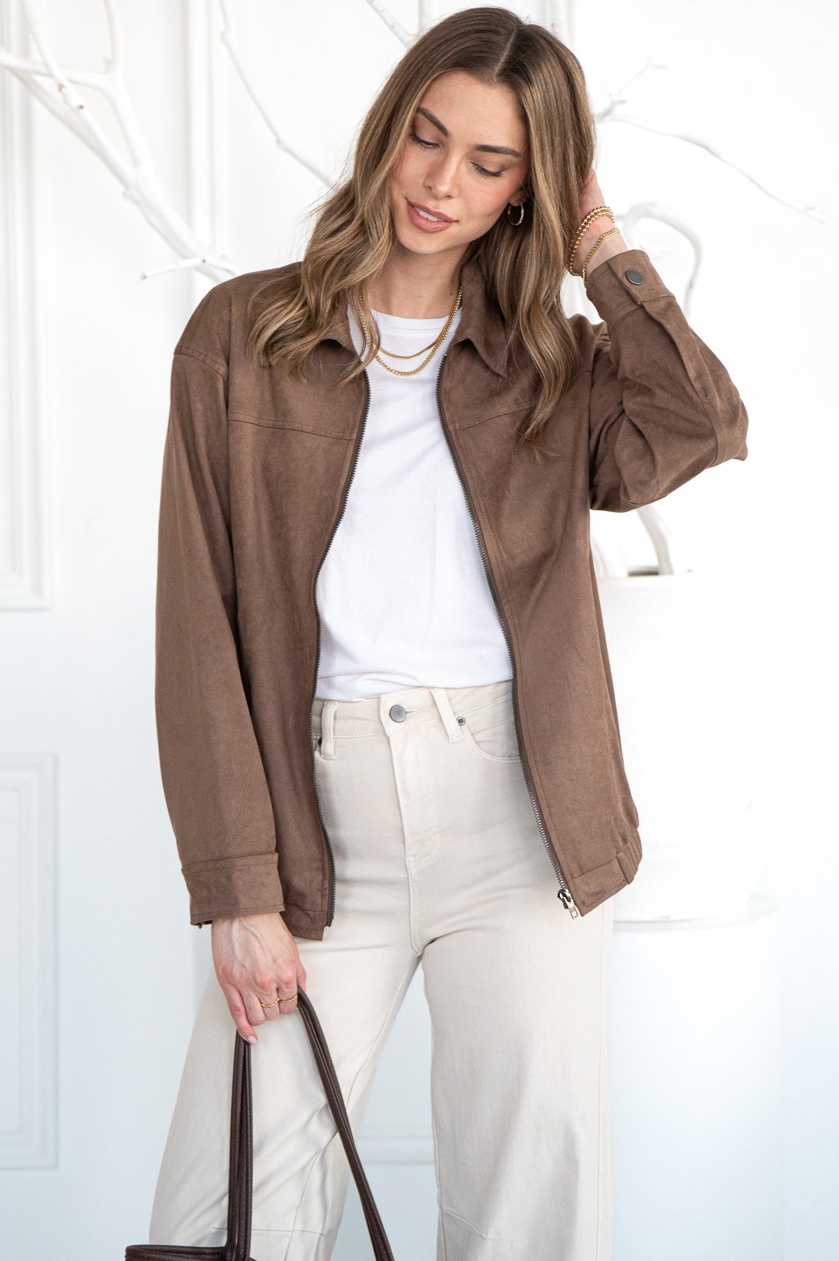 EMRYS FAUX SUEDE OVERSIZED BOMBER JACKET