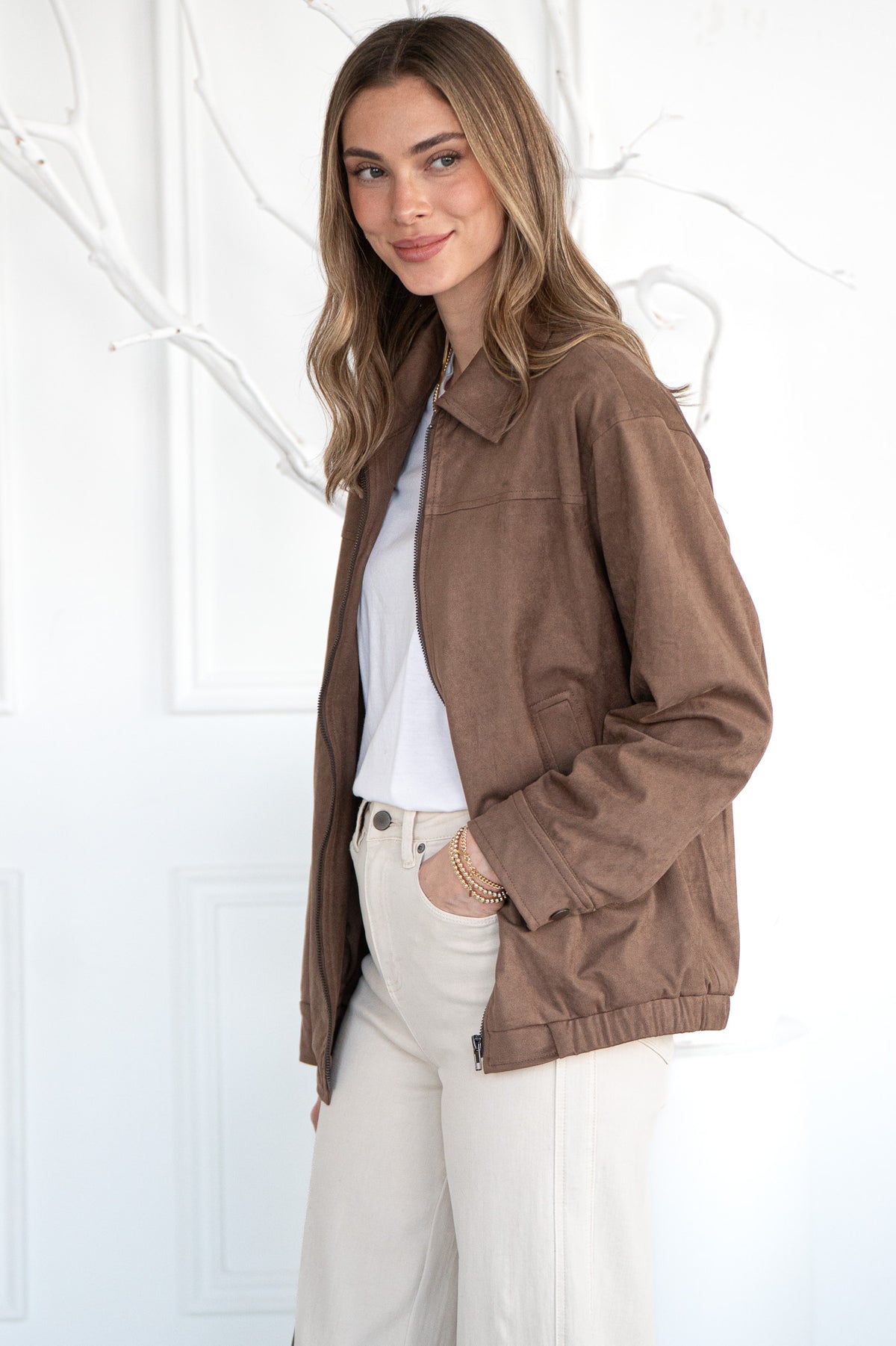 EMRYS FAUX SUEDE OVERSIZED BOMBER JACKET