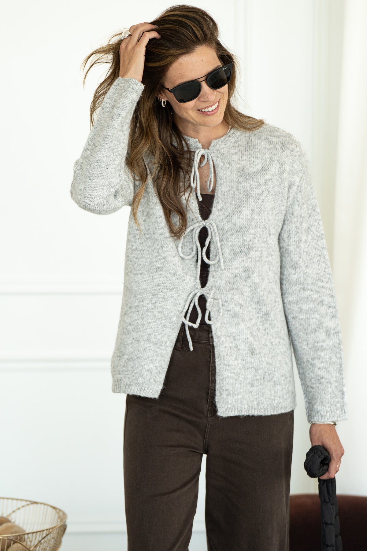 LOVE STORY TIE FRONT CARDIGAN-GY