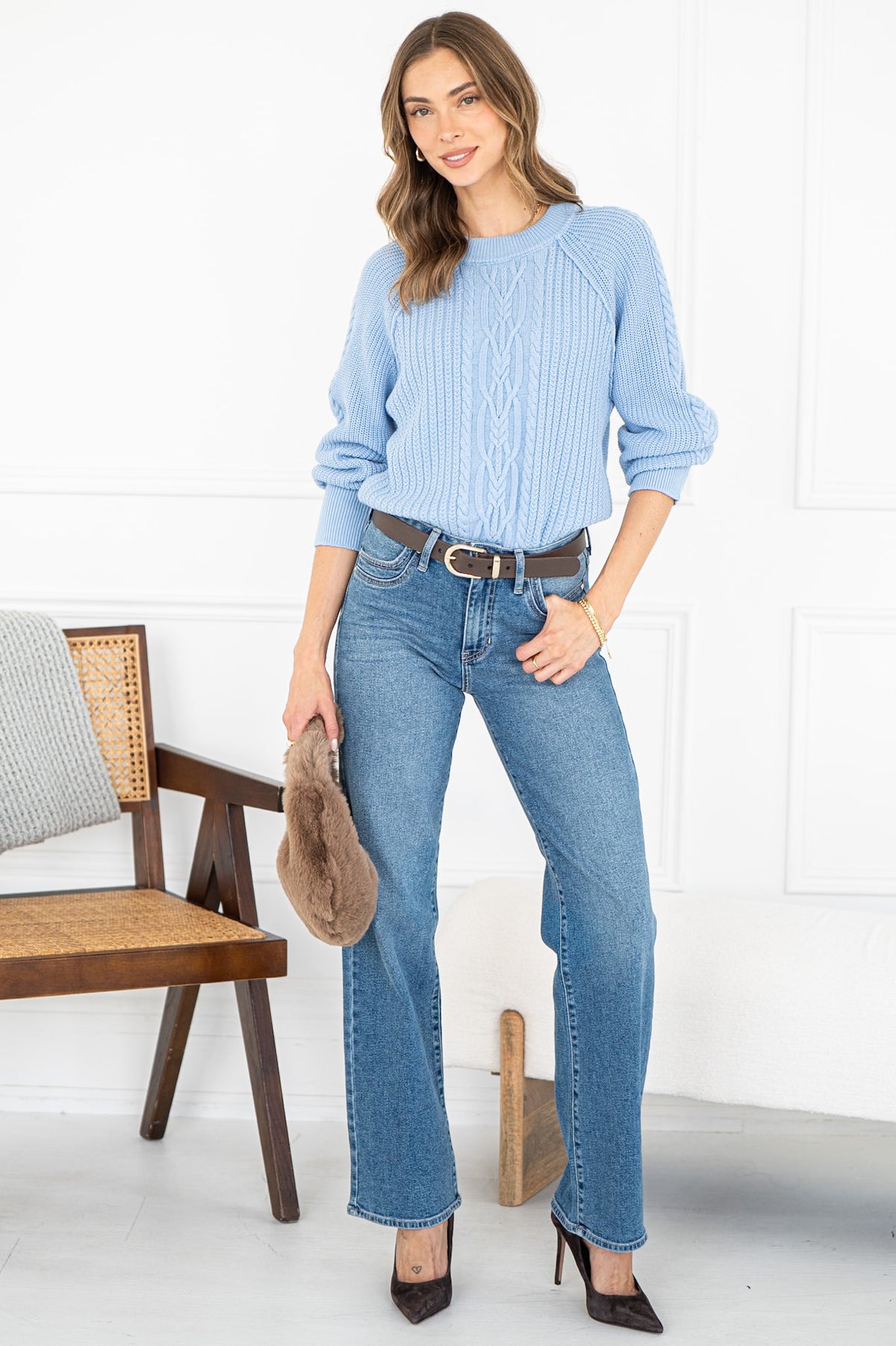 LANE COTTON CABLE KNIT SWEATER IN OCEAN