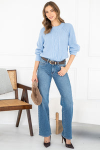 LANE COTTON CABLE KNIT SWEATER IN OCEAN