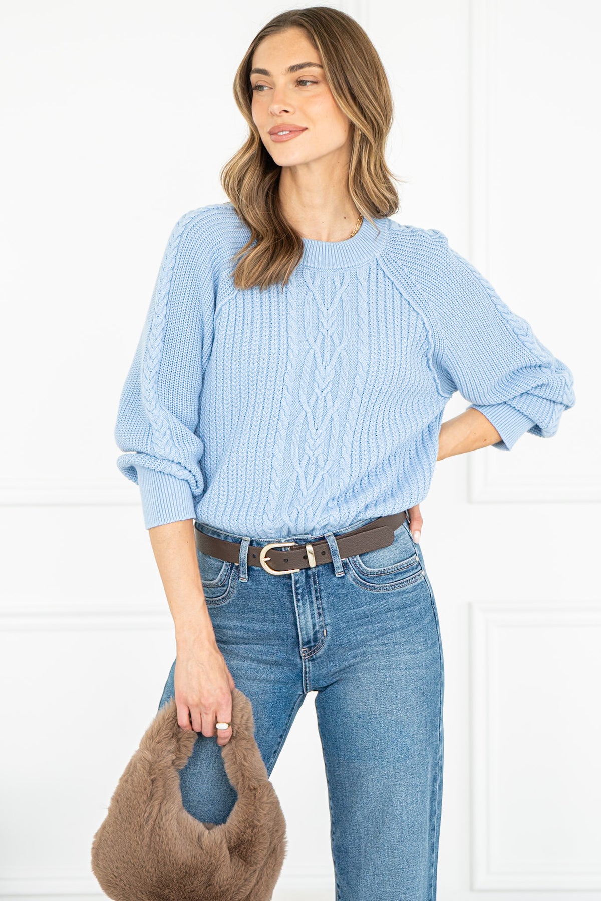 LANE COTTON CABLE KNIT SWEATER IN OCEAN
