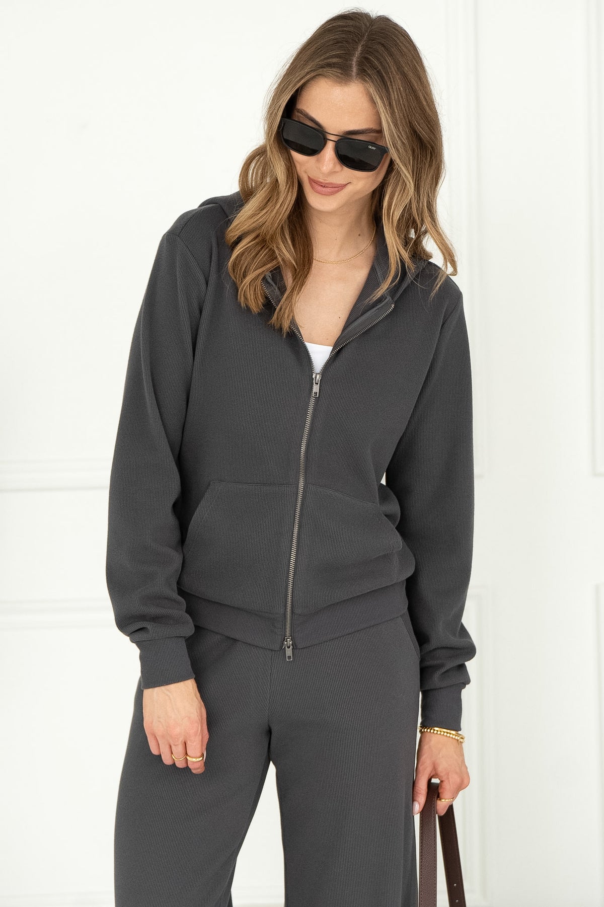 MARIS WAFFLE ZIP UP HOODY IN CHARCOAL GREY