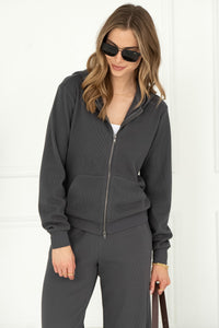 MARIS WAFFLE ZIP UP HOODY IN CHARCOAL GREY