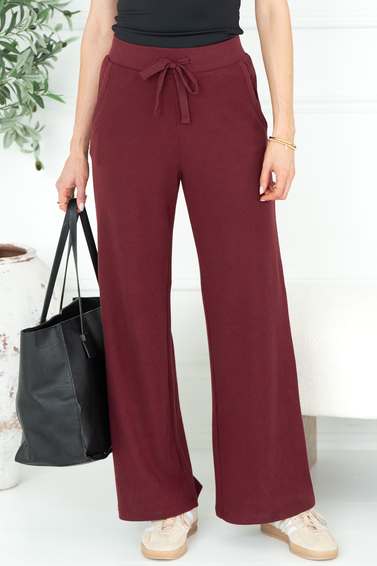 TALIA WAFFLE PANTS IN BURGUNDY