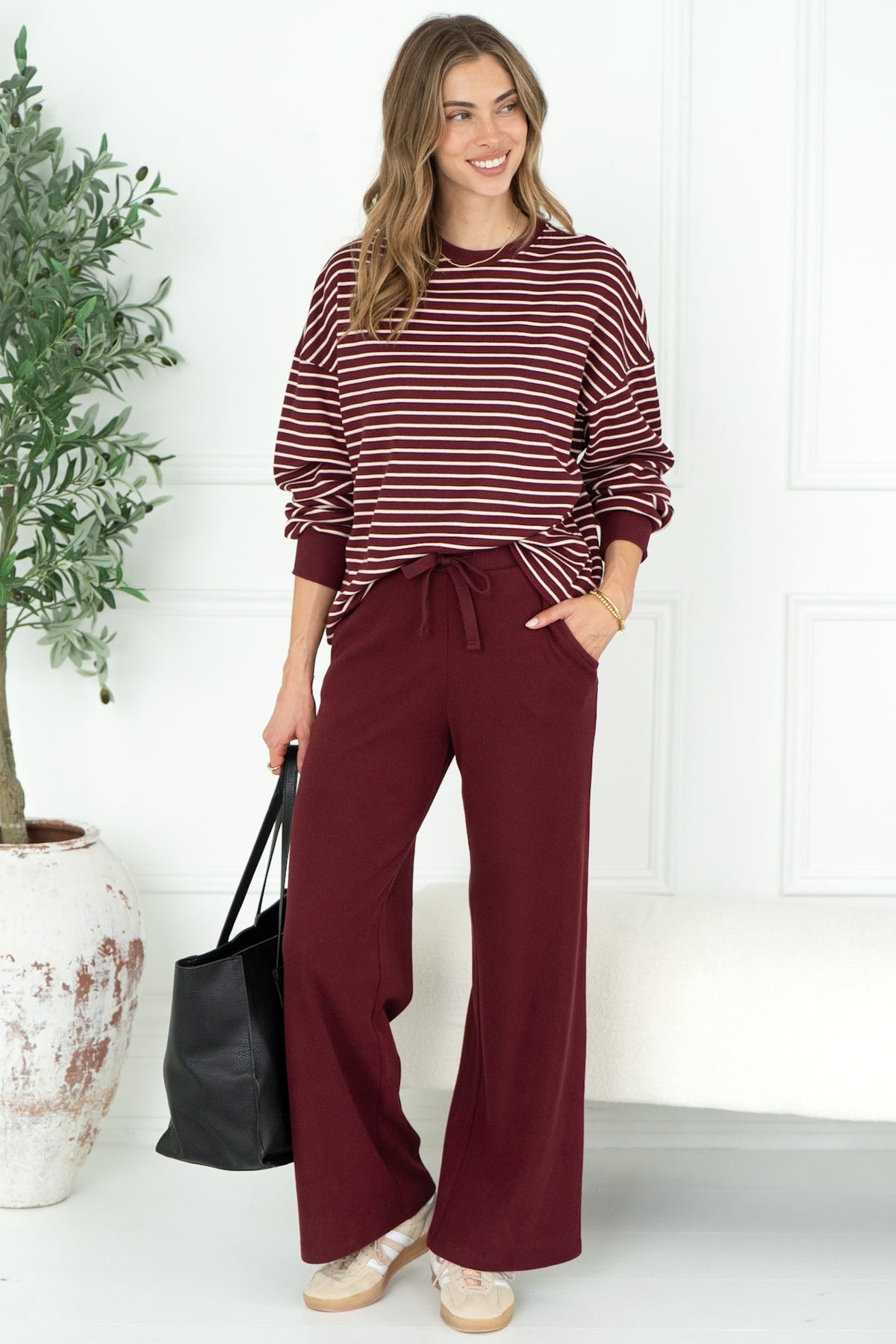 TALIA STRIPE WAFFLE TOP IN BURGUNDY