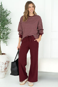 TALIA STRIPE WAFFLE TOP IN BURGUNDY