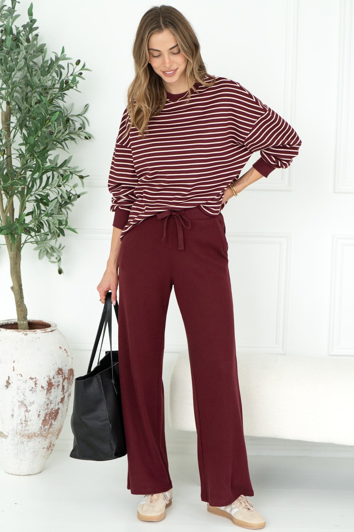 TALIA STRIPE WAFFLE TOP IN BURGUNDY