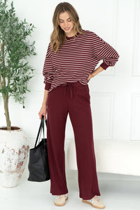 TALIA STRIPE WAFFLE TOP IN BURGUNDY