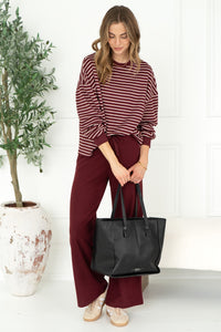 TALIA STRIPE WAFFLE TOP IN BURGUNDY