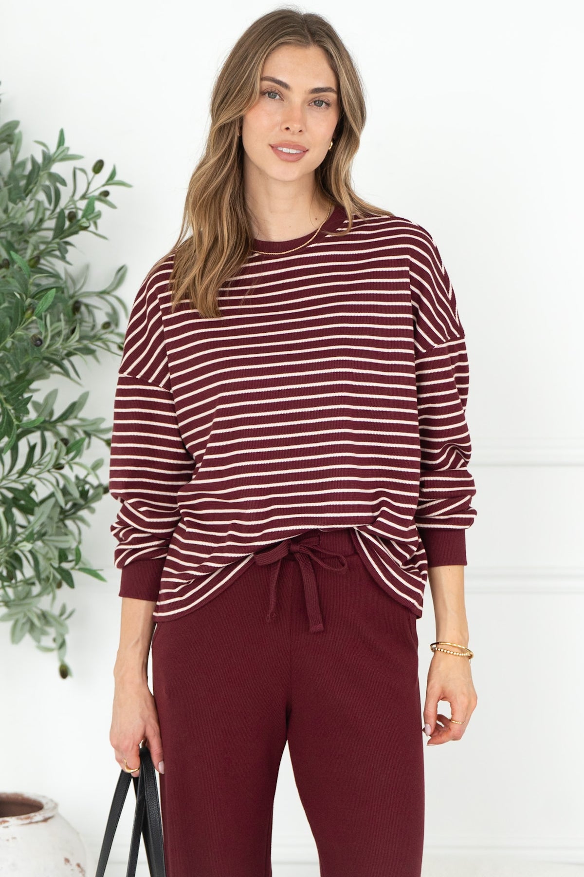 TALIA STRIPE WAFFLE TOP IN BURGUNDY