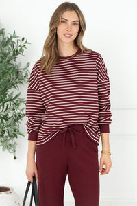 TALIA STRIPE WAFFLE TOP IN BURGUNDY