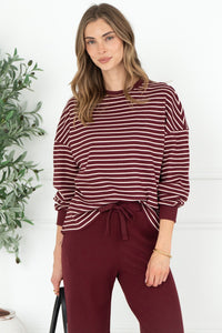 TALIA STRIPE WAFFLE TOP IN BURGUNDY