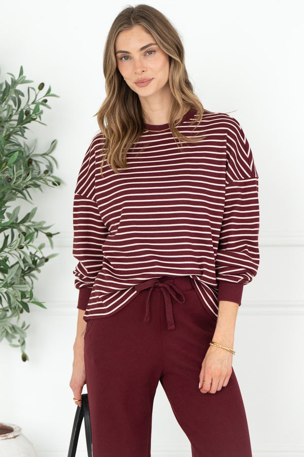 TALIA STRIPE WAFFLE TOP IN BURGUNDY