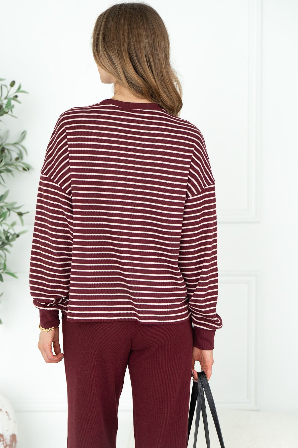 TALIA STRIPE WAFFLE TOP IN BURGUNDY