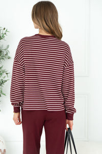 TALIA STRIPE WAFFLE TOP IN BURGUNDY