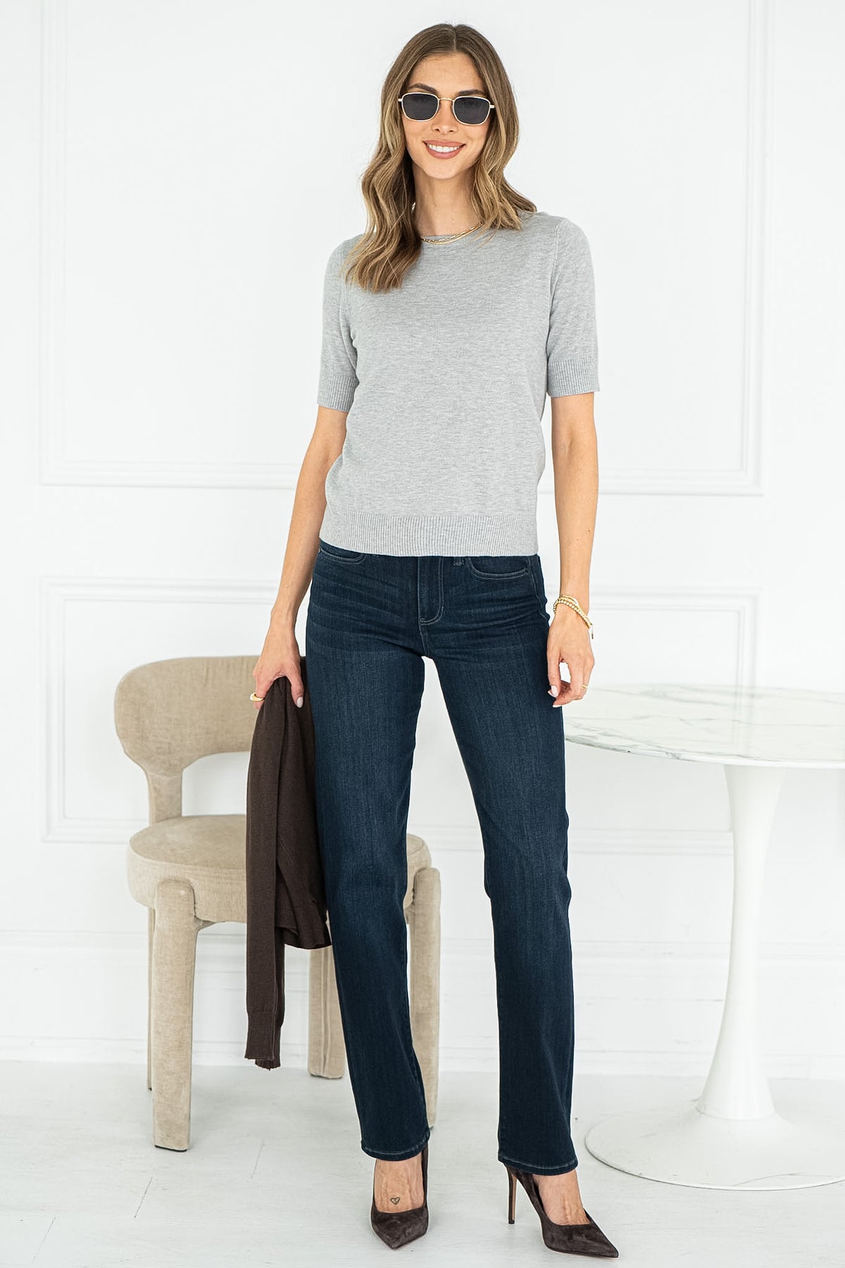 SANDY KNIT TEE IN LIGHT GREY