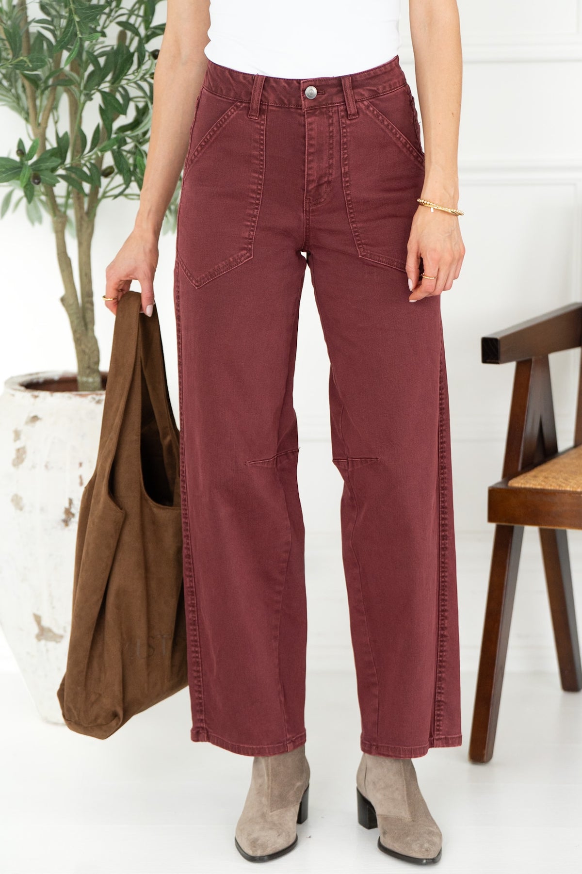 SHILOH SOFT CURVE TWILL PANTS IN BURGUNDY