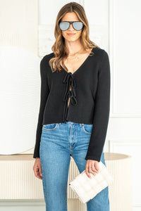 COTTON TIE FRONT SWEATER-BK