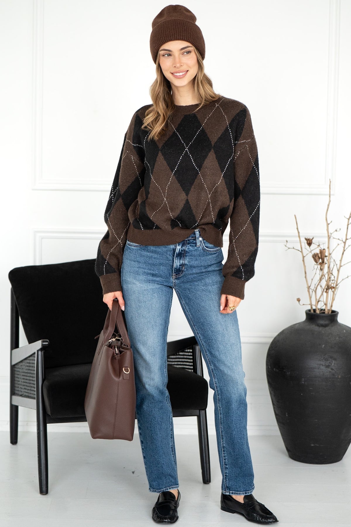 ARGYLE CREW PULLOVER IN ESPRESSO