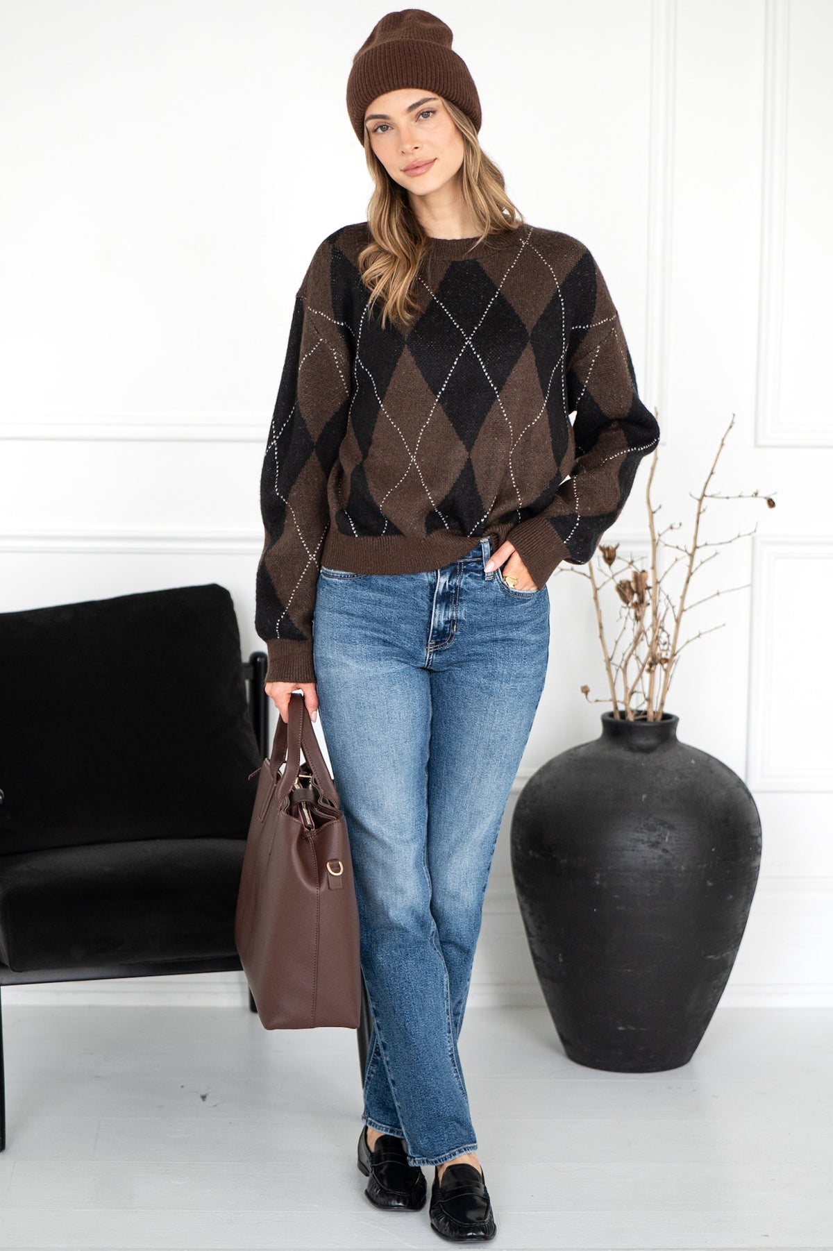 ARGYLE CREW PULLOVER IN ESPRESSO