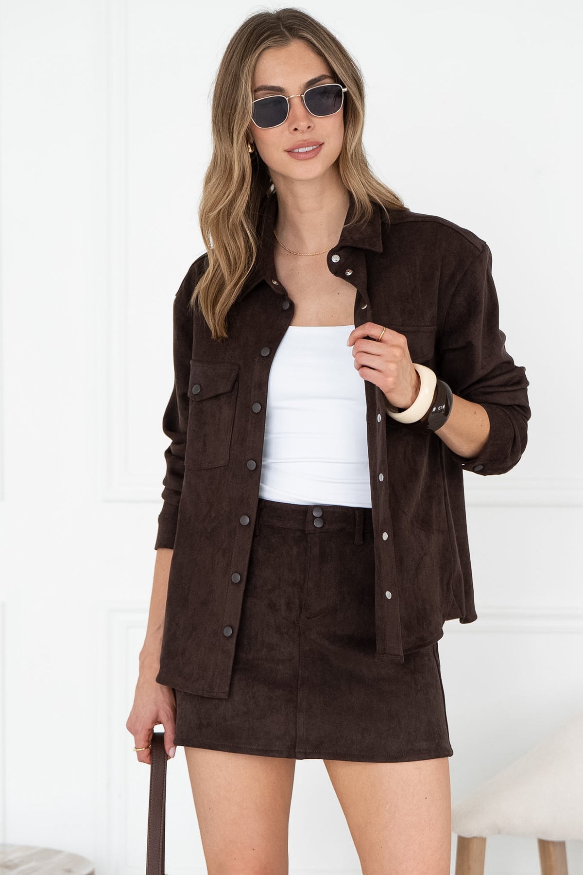 NERISSA FAUX SUEDE BUTTON UP