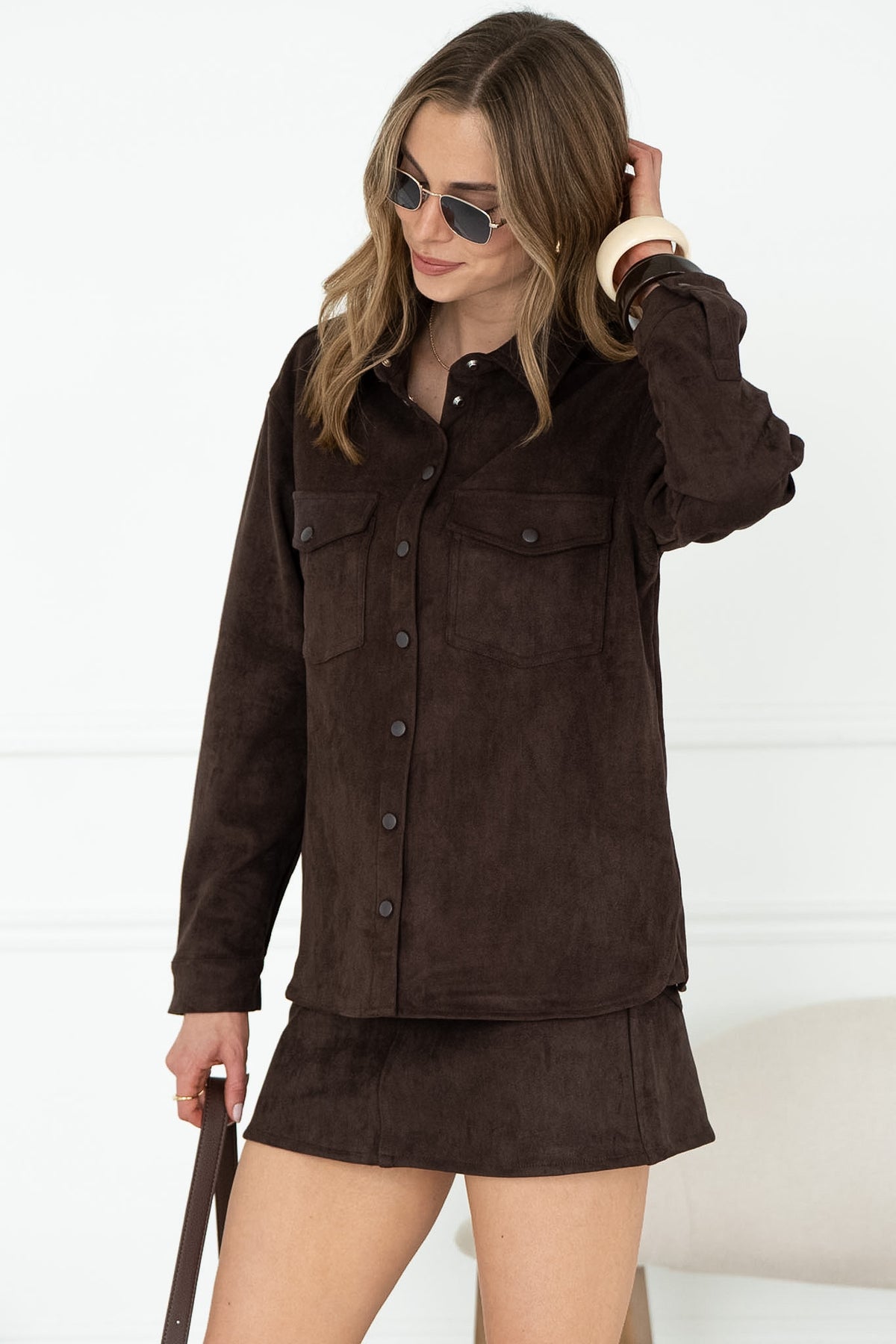 NERISSA FAUX SUEDE BUTTON UP