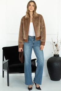 DANISHA FAUX FUR JACKET WITH STUDS IN TOAST