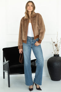 DANISHA FAUX FUR JACKET WITH STUDS IN TOAST
