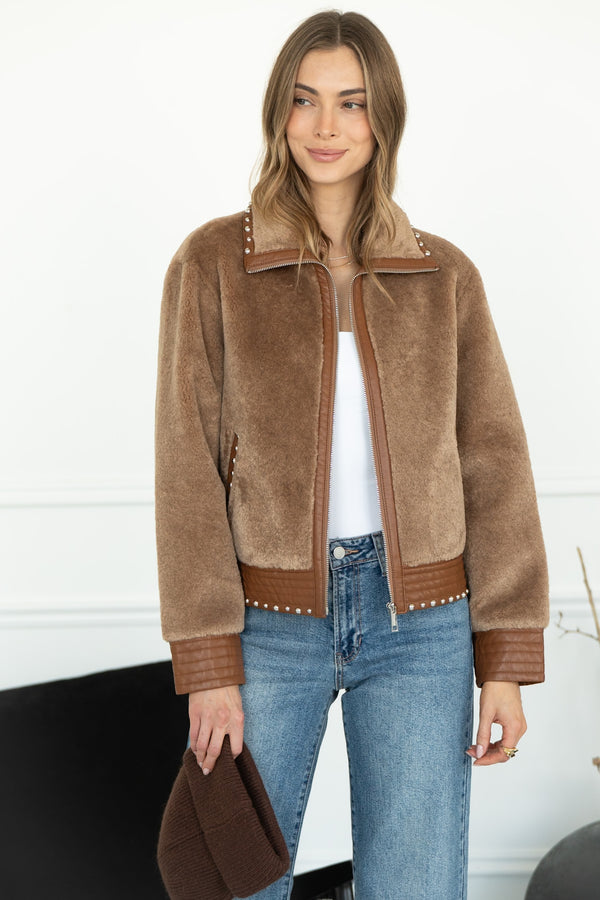 DANISHA FAUX FUR JACKET WITH STUDS IN TOAST