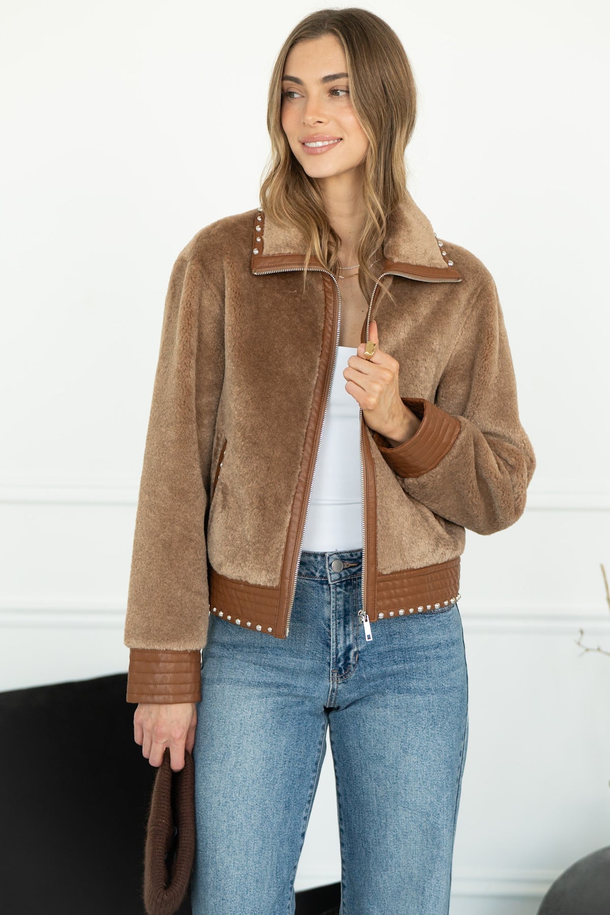 DANISHA FAUX FUR JACKET WITH STUDS IN TOAST