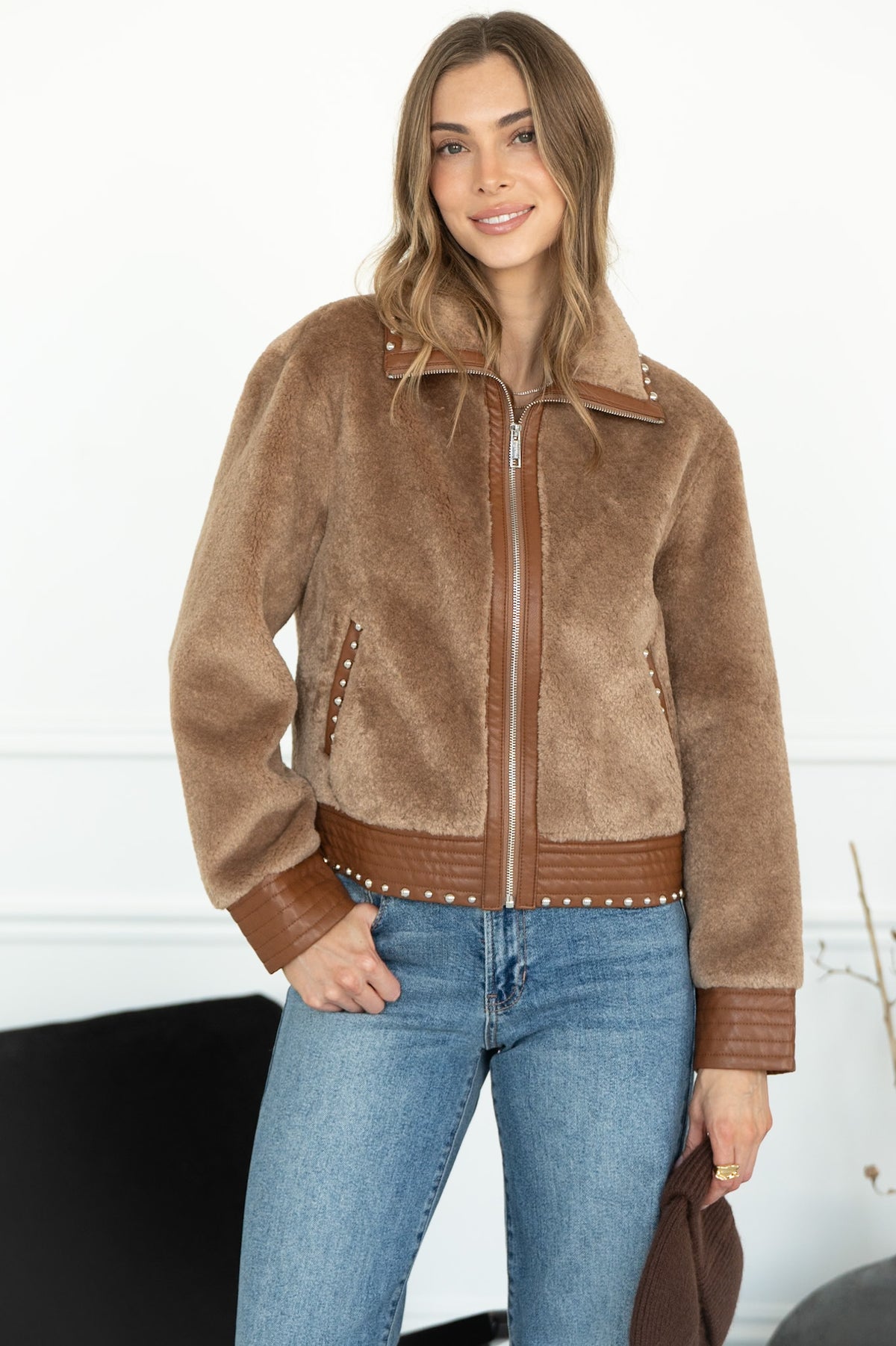 DANISHA FAUX FUR JACKET WITH STUDS IN TOAST